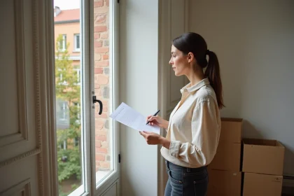 Expatriée française examinant un contrat de location dans un appartement Altbau berlinois avec parquet en chevrons et vue sur cour intérieure