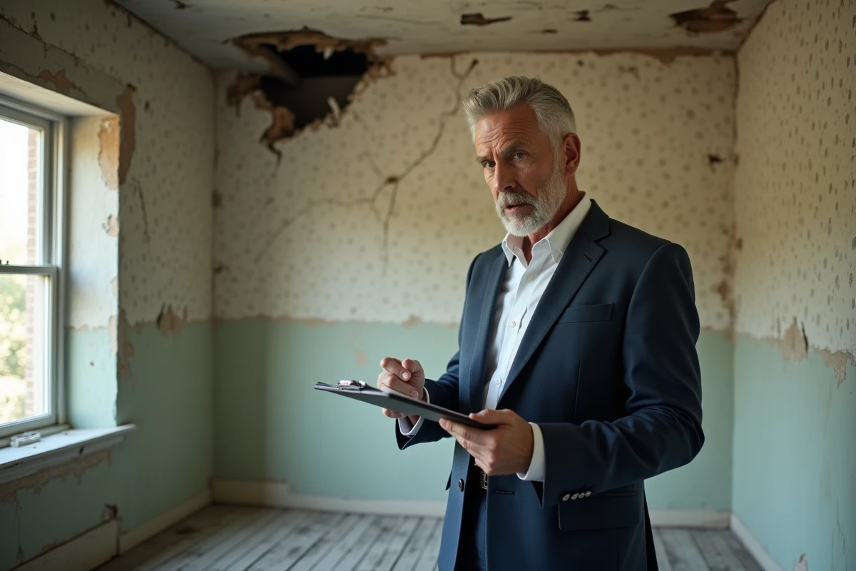 Expert immobilier inspectant l'intérieur délabré d'une maison abandonnée à donner, tenant un clipboard d'évaluation face à des murs en ruine