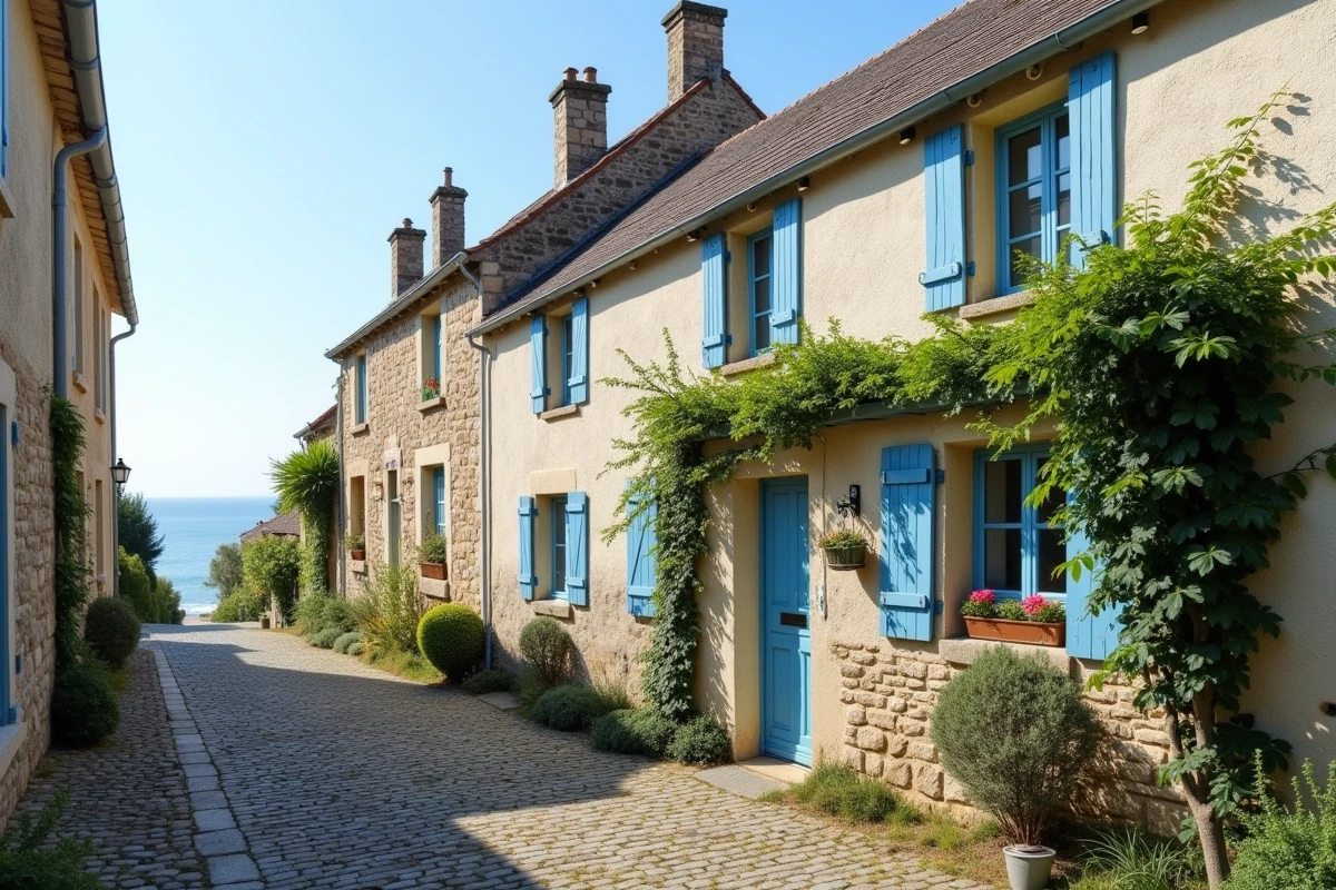 Façade de petite maison normande à vendre dans un village côtier avec aperçu de la mer entre les toits