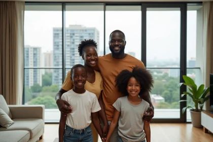 Famille ivoirienne souriante dans un appartement moderne à Abidjan