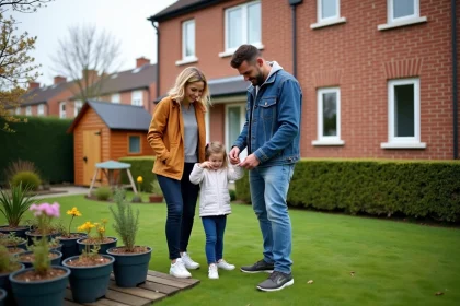 Famille française dans le jardin au printemps
