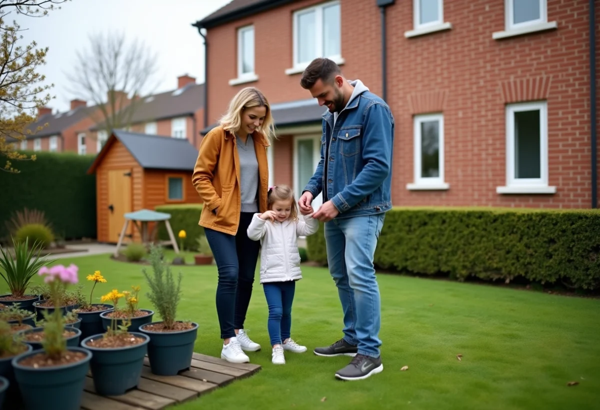 Famille française dans le jardin au printemps