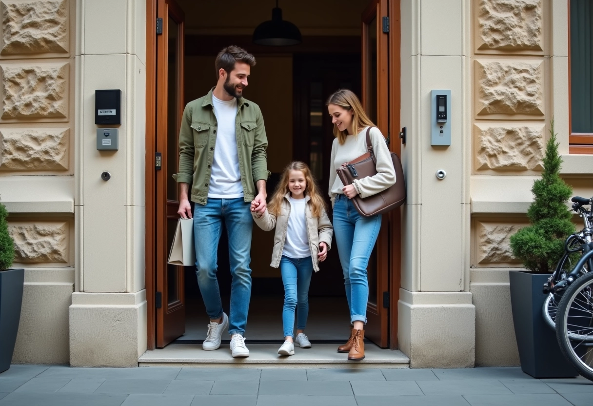 Famille arrivant devant un immeuble à Lyon