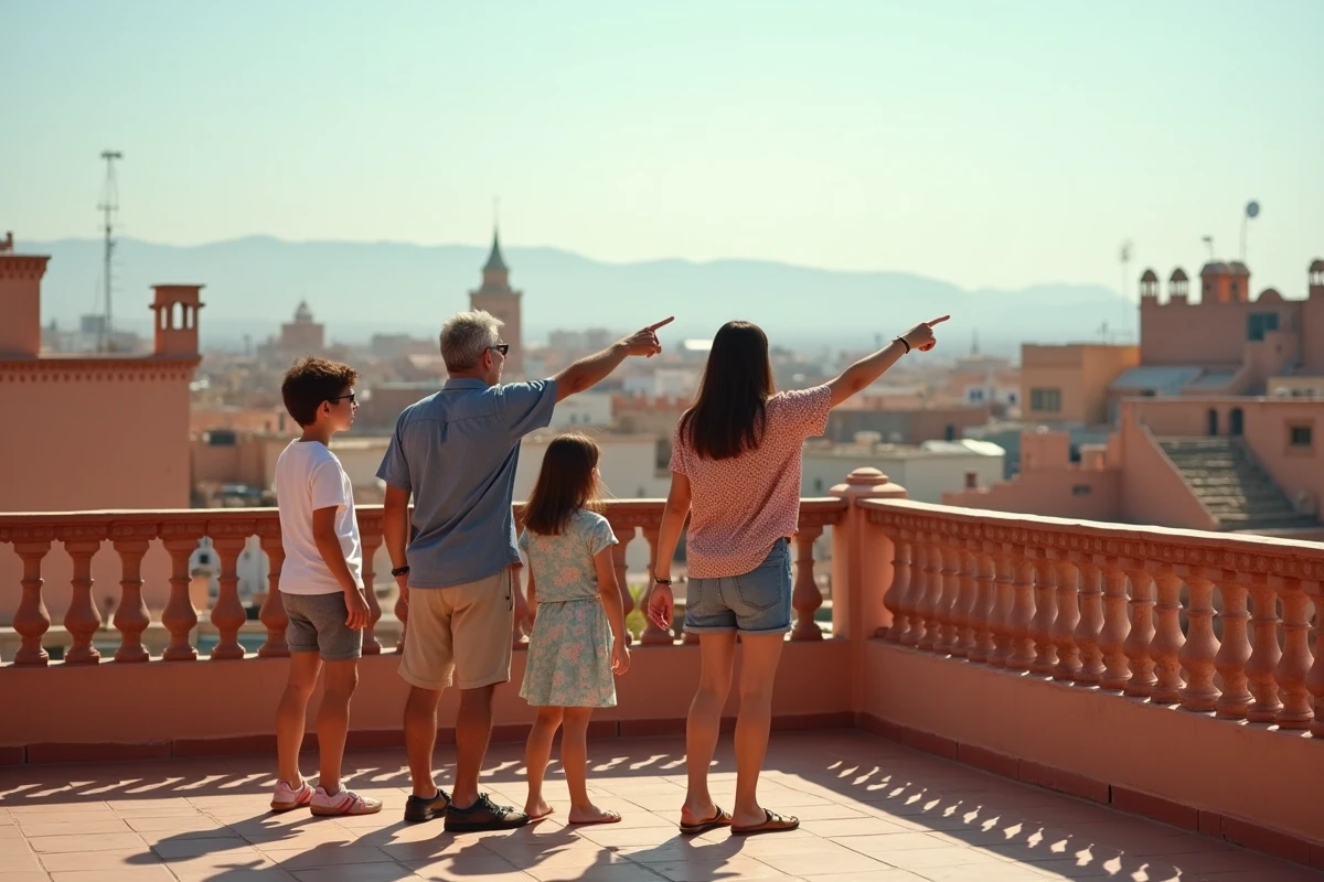 Famille observant le panorama depuis la terrasse d'un riad à acheter dans la médina de Marrakech