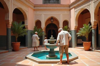 Famille explorant la cour intérieure d'un riad authentique à Marrakech avant un achat immobilier