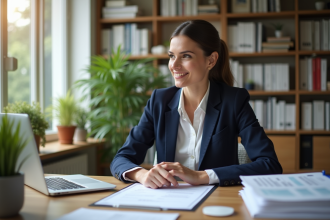 Femme d'affaires en bureau immobilier moderne et lumineux