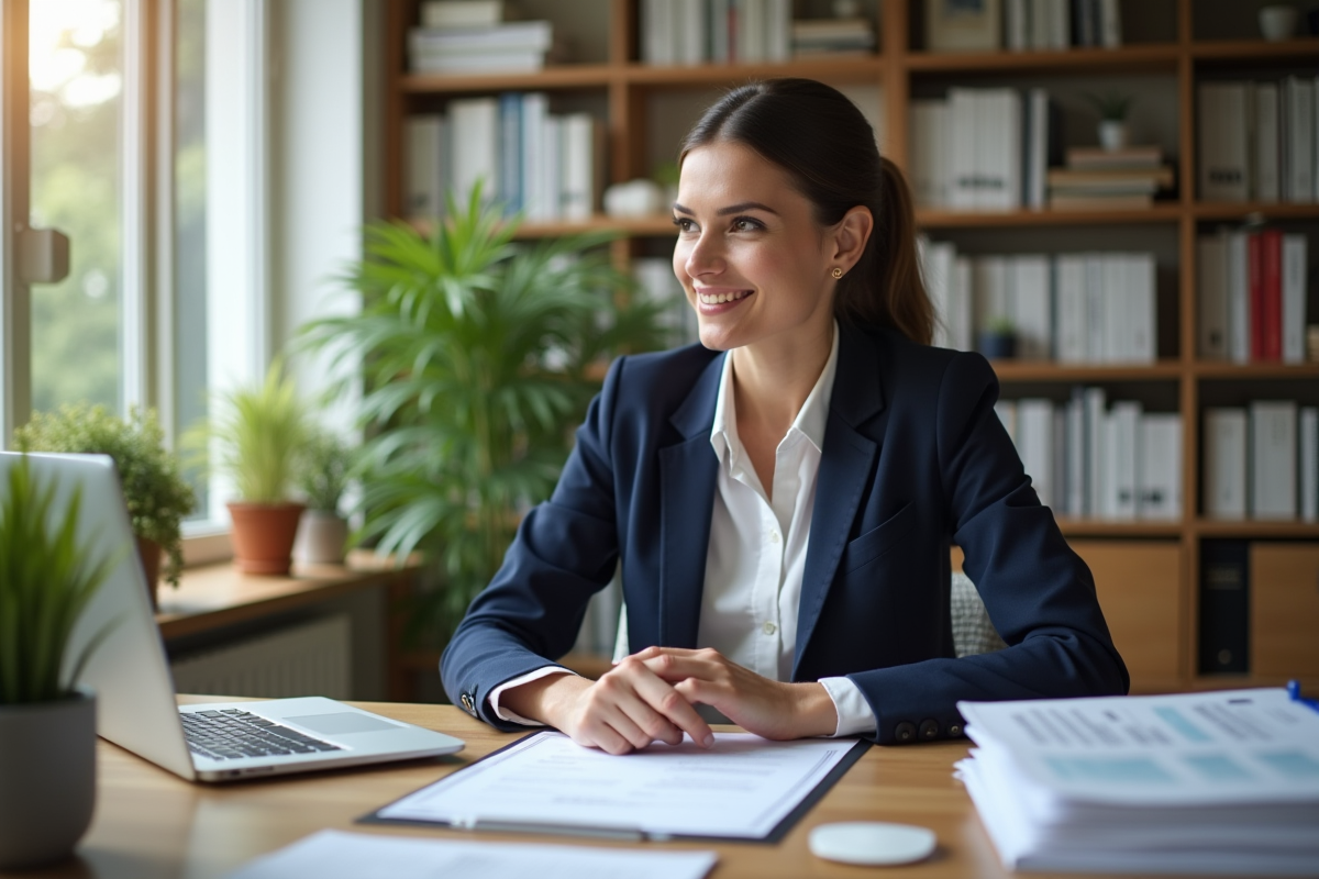 Femme d'affaires en bureau immobilier moderne et lumineux