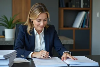 Femme d'affaires en réunion dans un bureau organisé