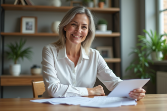 Femme d'affaires souriante examinant des documents immobiliers