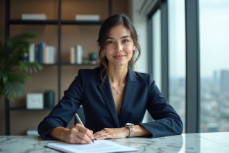 Femme d'affaires en costume dans un bureau moderne