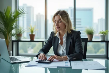 Femme d affaires en costume au bureau avec documents financiers