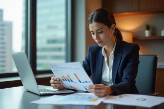 Femme d'affaires en bureau analysant un rapport immobilier