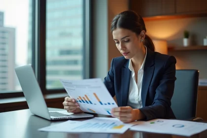 Femme d'affaires en bureau analysant un rapport immobilier