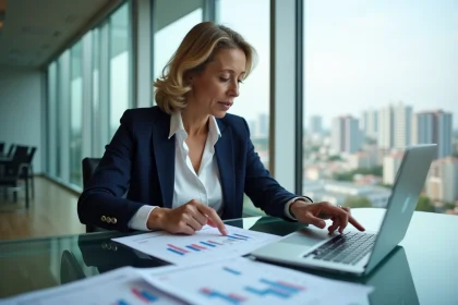 Femme professionnelle analysant des documents d'investissement immobilier dans un bureau moderne avec vue sur la ville
