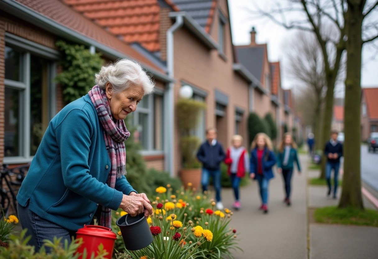 Femme âgée arrosant des fleurs devant maison