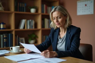Femme lisant un avis favorable de commission d'attribution de logement à son bureau avec des documents officiels