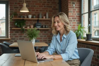 Femme d age moyen consulte des annonces immobilières à Toulouse