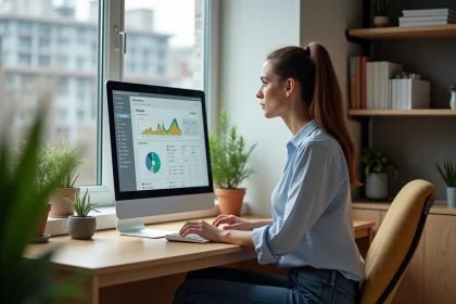 Femme en bureau moderne avec ordinateur et plantes