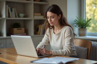 Femme concentrée travaillant sur son ordinateur dans un bureau cosy
