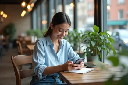 Jeune femme au café utilisant son smartphone