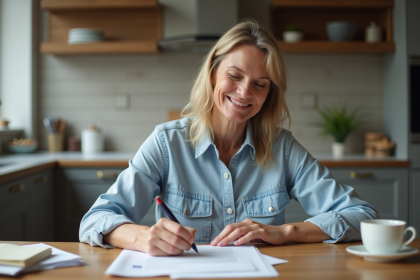 Femme souriante remplissant un formulaire de changement d'adresse à la maison
