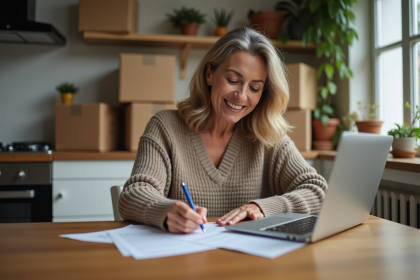 Femme d'âge moyen remplissant un formulaire de changement d'adresse dans une cuisine chaleureuse