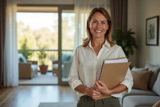 Femme confiante tenant un dossier dans un appartement moderne