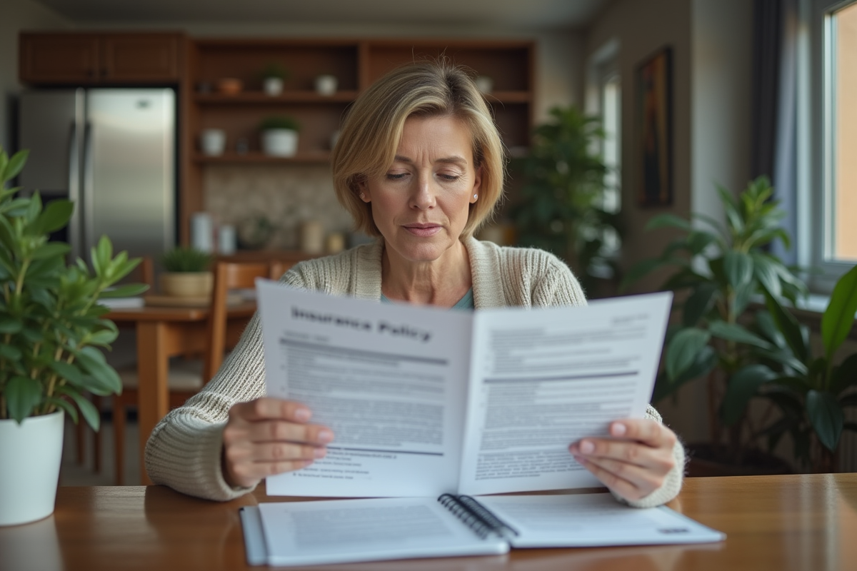 Femme d'âge moyen examine deux contrats d'assurance à la maison