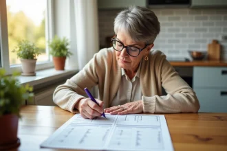 Femme moyenne âge remplit un tableau de conversion dans la cuisine
