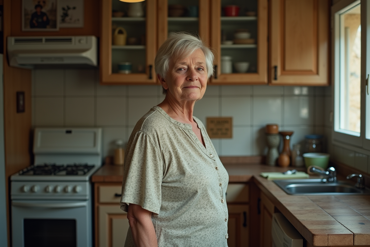 Femme dans une vieille cuisine avec décor vintage
