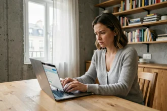 Femme consultant une plateforme de demande de logement social sur un ordinateur portable dans un appartement parisien