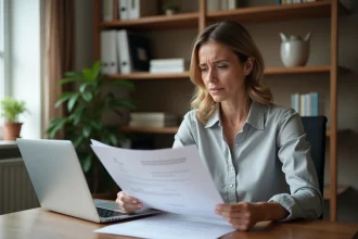 Femme consultant des documents administratifs liés au formulaire 3233-SD à son bureau à domicile