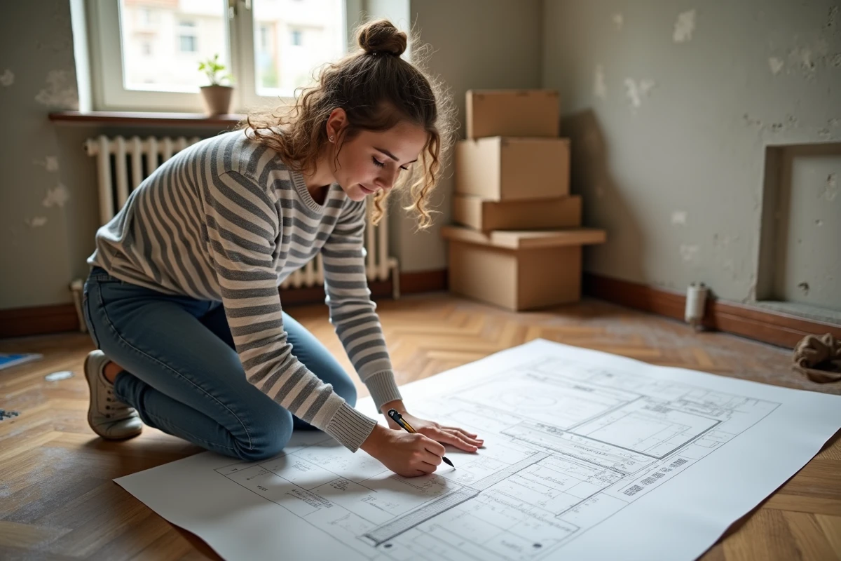 Jeune femme marquant plans dans une pi&egrave;ce en r&eacute;novation
