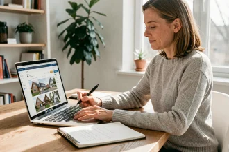 Femme utilisant un outil d'estimation immobilière en ligne sur un ordinateur portable dans un bureau à domicile moderne