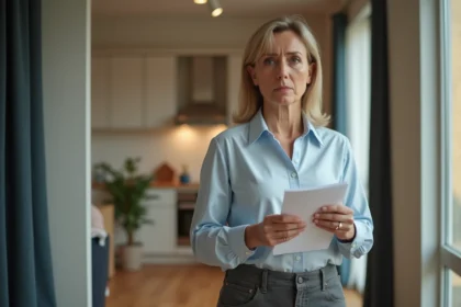Femme d'&acirc;ge moyen dans un appartement moderne tenant un avis d'expulsion