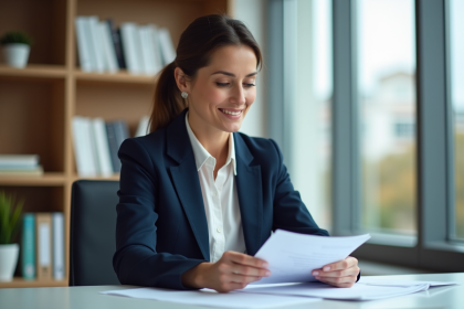 Femme professionnelle en bureau examinant documents financiers