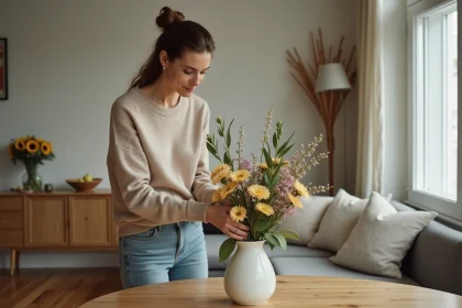 Femme arrangeant des fleurs dans un salon moderne