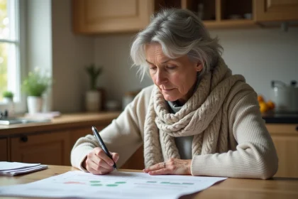Femme française concentrée remplissant un formulaire Eco PTZ dans la cuisine