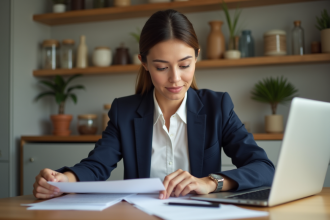 Femme d'affaires dans une cuisine moderne et chaleureuse