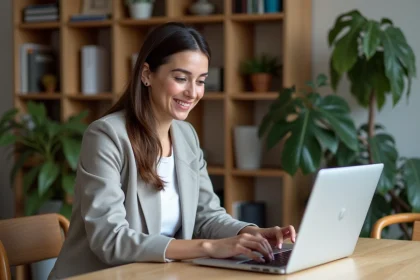 Femme souriante utilisant un ordinateur pour une location immobiliere