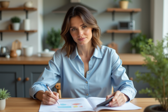Femme en blouse bleue examinant des documents de prêt immobilier