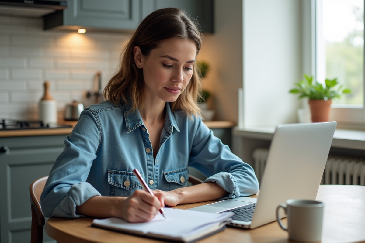 Femme écrivant dans un carnet à côté de son ordinateur portable