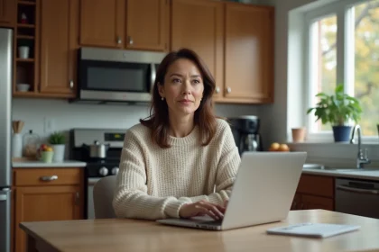 Femme d'âge moyen utilisant un ordinateur dans sa cuisine