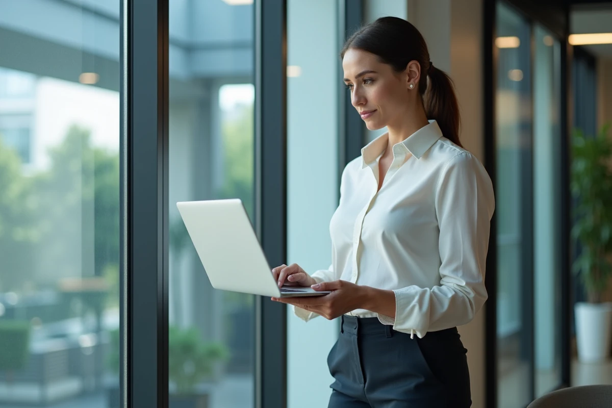 Femme en bureau consulte graphiques d