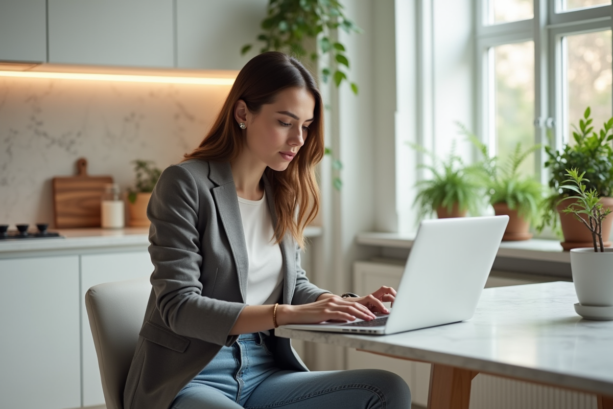 Jeune femme regardant des annonces immobilières sur son ordinateur