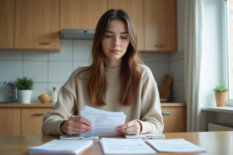 Jeune femme organise des documents officiels dans sa cuisine