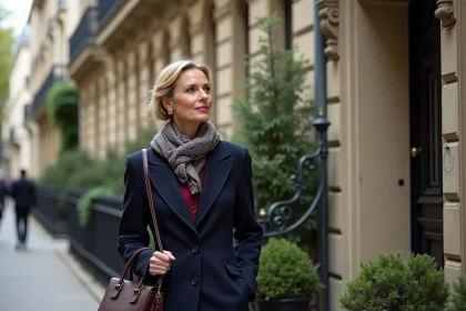 Femme élégante en manteau navy et foulard à Paris
