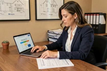 Femme professionnelle consultant un simulateur de frais de notaire sur ordinateur portable lors d'une transaction immobilière
