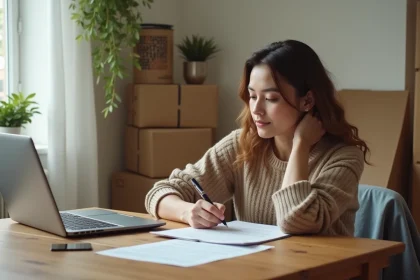 Femme rédigeant une lettre de préavis de départ d'appartement à la main sur une table en bois