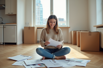 Jeune femme examine des reçus de rénovation dans un appartement moderne